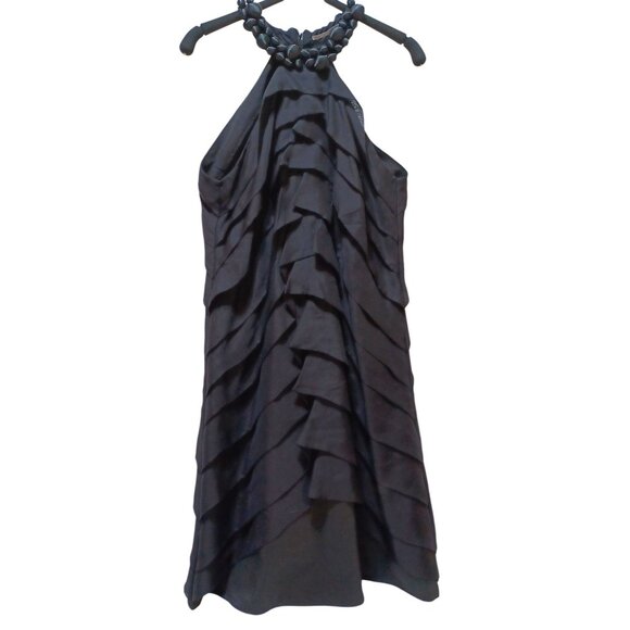 100% Silk Halter Party Cocktail Dress Womens S Black Tiered Ruffle Bubble Trim - Picture 1 of 7